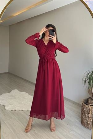 Neşeli butik kadın uzun kollu kuşaklı maxi şifon elbise NM001