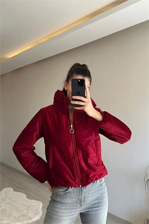 Neşeli butik kadın fitilli desen kadife kısa şişme mont NM005