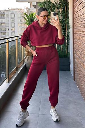 Neşeli butik kadın kapüşonlu şardonlu eşofman takımı GTS020 - Bordo