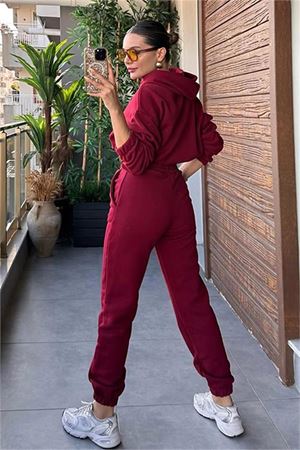 Neşeli butik kadın kapüşonlu şardonlu eşofman takımı GTS020 - Bordo