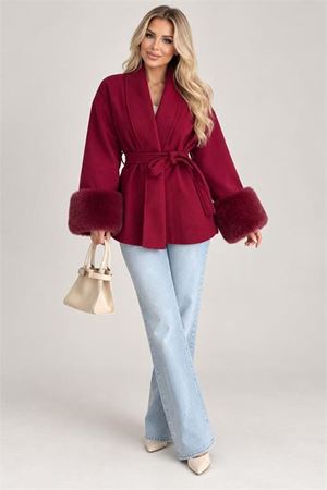 Neşeli butik kadın bordo kuşaklı kol kürk detaylı kısa kaşe kaban NBSTR2026