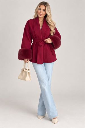 Neşeli butik kadın bordo kuşaklı kol kürk detaylı kısa kaşe kaban NBSTR2026