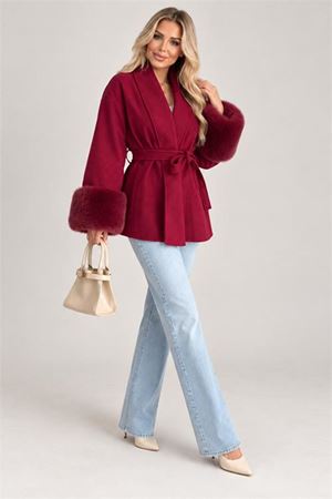 Neşeli butik kadın bordo kuşaklı kol kürk detaylı kısa kaşe kaban NBSTR2026