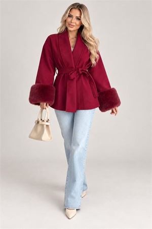 Neşeli butik kadın bordo kuşaklı kol kürk detaylı kısa kaşe kaban NBSTR2026