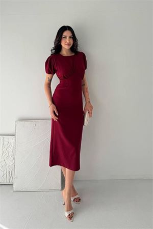 Neşeli butik kadın bordo midi boy büzgü detaylı balon kol dar kesim elbise NBK4574