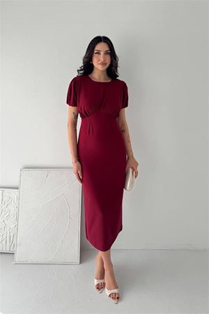 Neşeli butik kadın bordo midi boy büzgü detaylı balon kol dar kesim elbise NBK4574