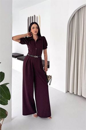 Neşeli butik kadın bordo kemer detaylı tam boy taşlı gömlek yaka tulum NBK4592
