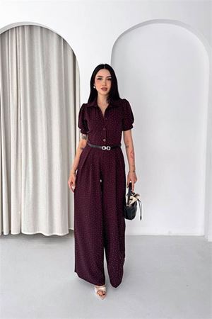 Neşeli butik kadın bordo kemer detaylı tam boy taşlı gömlek yaka tulum NBK4592