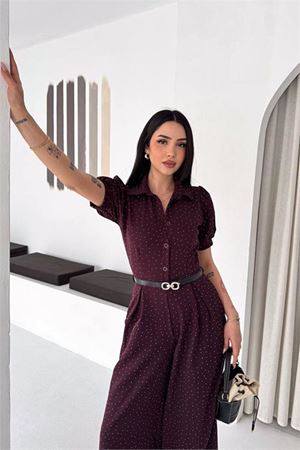 Neşeli butik kadın bordo kemer detaylı tam boy taşlı gömlek yaka tulum NBK4592