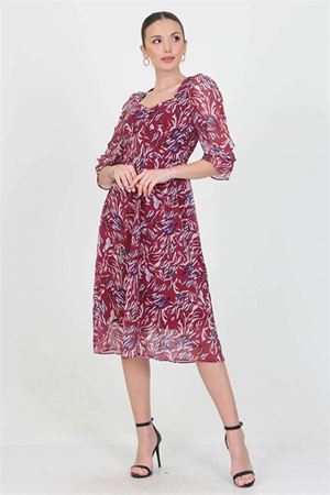 Neşeli butik kadın bordo kalp yaka yeni sezon desenli şifon elbise RY0030