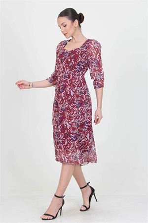Neşeli butik kadın bordo kalp yaka yeni sezon desenli şifon elbise RY0030