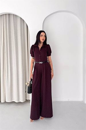 Neşeli butik kadın bordo kemer detaylı tam boy taşlı gömlek yaka tulum NBK4592