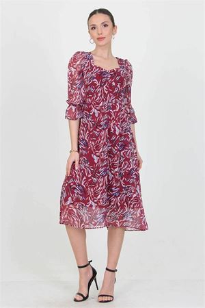 Neşeli butik kadın bordo kalp yaka yeni sezon desenli şifon elbise RY0030