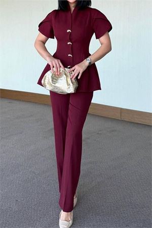 Neşeli butik kadın bordo gold düğme detaylı peplum kesim premium takım NBSTR4423