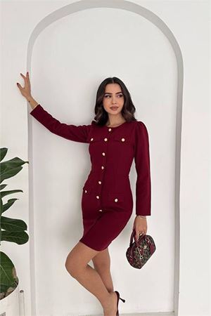 Neşeli butik kadın gold düğme detaylı uzun kollu mini elbise NBK4388