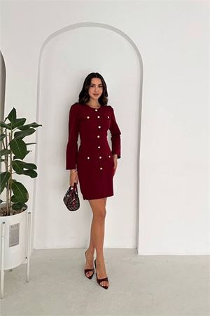 Neşeli butik kadın gold düğme detaylı uzun kollu mini elbise NBK4388