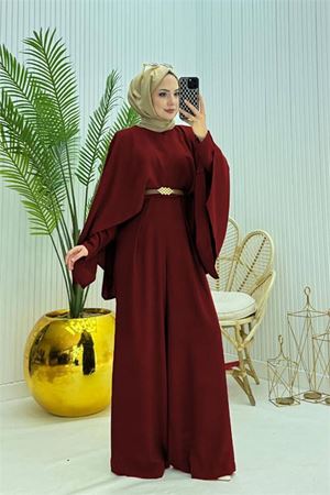 Neşeli butik kadın pelerinli kemer detaylı tesettür tulum NMS061