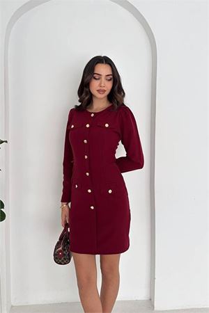 Neşeli butik kadın gold düğme detaylı uzun kollu mini elbise NBK4388