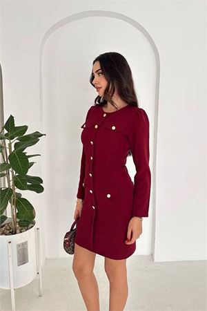 Neşeli butik kadın gold düğme detaylı uzun kollu mini elbise NBK4388