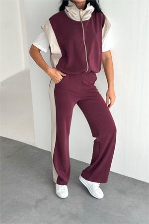 Neşeli butik kadın bordo çift renkli oversize yelekli premium eşofman takımı NBRW5063