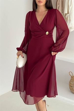 Neşeli butik kadın bel toka detaylı astarlı şifon elbise NBK4329
