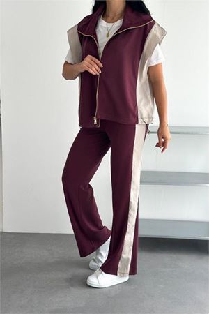 Neşeli butik kadın bordo çift renkli oversize yelekli premium eşofman takımı NBRW5063