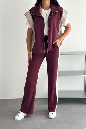 Neşeli butik kadın bordo çift renkli oversize yelekli premium eşofman takımı NBRW5063