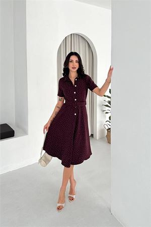 Neşeli butik kadın bordo kısa kol taş detaylı midi boy düğmeli elbise NBK4604