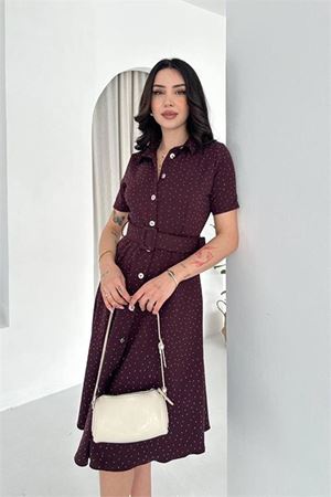 Neşeli butik kadın bordo kısa kol taş detaylı midi boy düğmeli elbise NBK4604