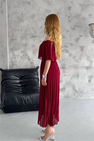 Neşeli butik kadın madonna yaka piliseli şifon elbise NBK2099