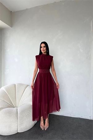 Neşeli butik kadın kuşağı taş detaylı midi şifon elbise NBMY3509