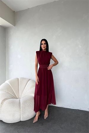 Neşeli butik kadın kuşağı taş detaylı midi şifon elbise NBMY3509