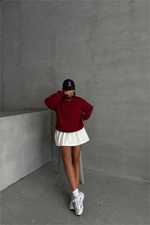 Neşeli butik kadın bordo bisiklet yaka pamuklu sweat NBG031