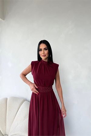 Neşeli butik kadın kuşağı taş detaylı midi şifon elbise NBMY3509