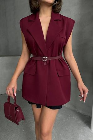 Neşeli butik kadın salaş kemerli kolsuz blazer ceket NBG076
