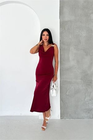 Neşeli butik kadın bordo omuz gold toka detaylı midi boy elbise NBK090