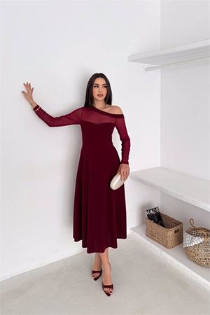 Neşeli butik kadın bordo transparan detaylı tek omuz uzun kollu midi boy elbise
