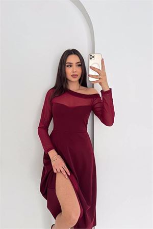 Neşeli butik kadın bordo transparan detaylı tek omuz uzun kollu midi boy elbise