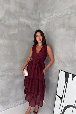 Neşeli butik kadın bordo kruvaze yaka kat kat kuşaklı midi boy elbise NBK4674