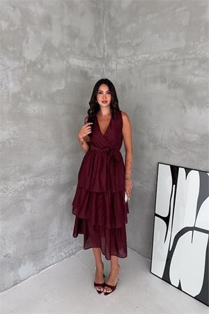 Neşeli butik kadın bordo kruvaze yaka kat kat kuşaklı midi boy elbise NBK4674