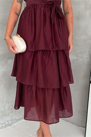 Neşeli butik kadın bordo kruvaze yaka kat kat kuşaklı midi boy elbise NBK4674
