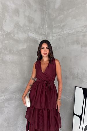 Neşeli butik kadın bordo kruvaze yaka kat kat kuşaklı midi boy elbise NBK4674