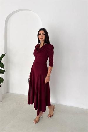 Neşeli butik kadın bordo degaje yaka omuz vatkalı midi boy A kesim elbise