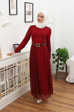 Neşeli butik kadın tül kemerli tesettür elbise RSSN45 - Bordo
