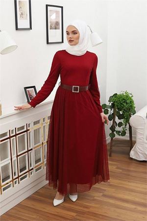 Neşeli butik kadın tül kemerli tesettür elbise RSSN45 - Bordo