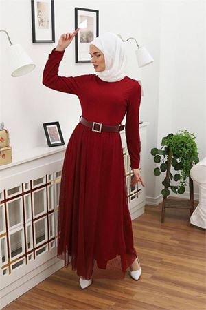Neşeli butik kadın tül kemerli tesettür elbise RSSN45 - Bordo