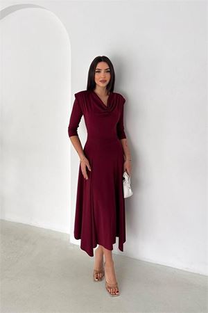 Neşeli butik kadın bordo degaje yaka omuz vatkalı midi boy A kesim elbise
