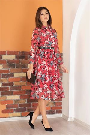 Neşeli butik kadın kırmızı kemerli çiçek desenli şifon elbise RY0031