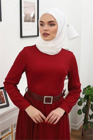 Neşeli butik kadın tül kemerli tesettür elbise RSSN45 - Bordo