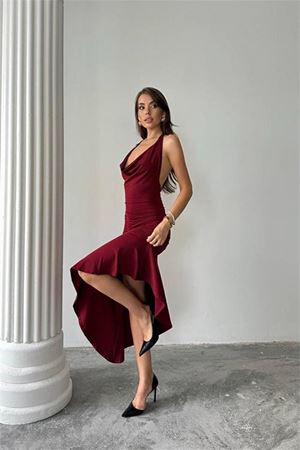 Neşeli butik kadın asimetrik kesim omuz aksesuarlı elbise NBDF164